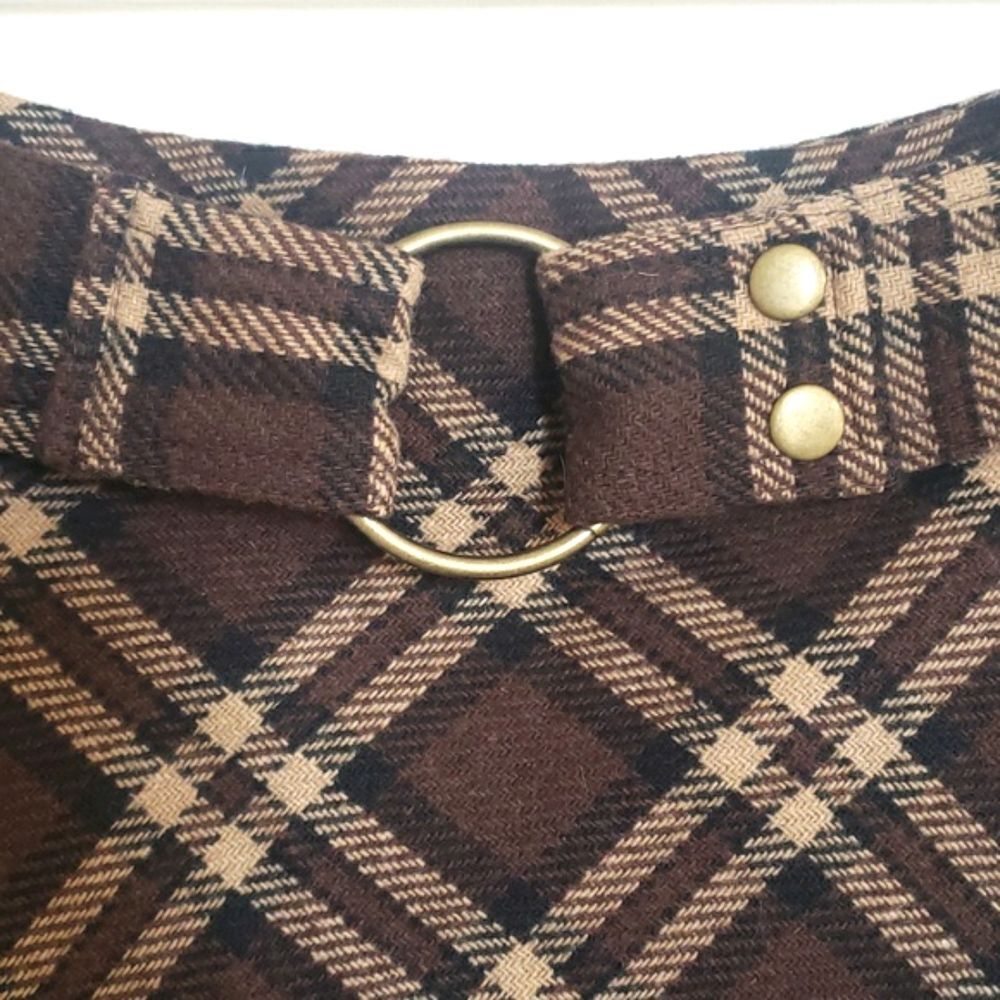 Vintage 90s Plaid Wool Belted Skirt • Brown Tan Brass Buckle Academia • Medium - Picture 6 of 9